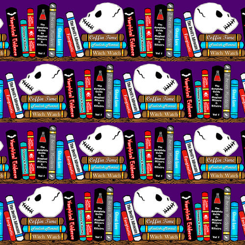 Creepy & Kooky by Mark Hordysznski Halloween Books and Skulls Purple Glow 3425G-55 Cotton Woven Fabric