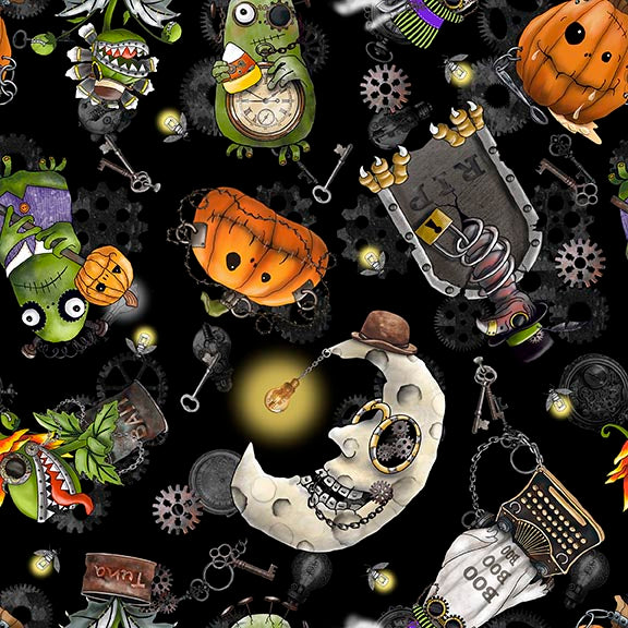 PREORDER ITEM - EXPECTED APRIL: Steampunk Halloween 3 by Desiree's Designs Halloween Character Toss Black    31221J Cotton Woven Fabric