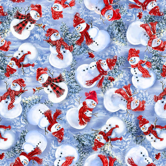 Christmas Eve by Dona Gelsinger Happy Snowman Tossed Blue DONA-CD3372-BLUE Cotton Woven Fabric