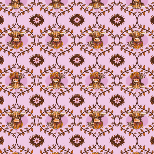 Coneflower Corral by Teresa Magnuson Highland Cows Digital Light Eggplant Y4559-44 Cotton Woven Fabric