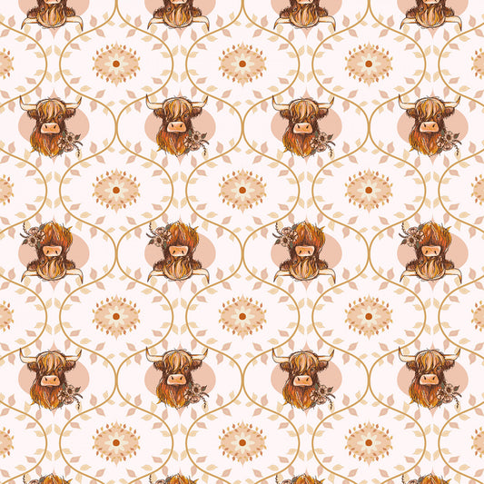 Coneflower Corral by Teresa Magnuson Highland Cows Digital White Y4559-1 Cotton Woven Fabric