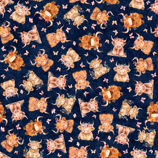PREORDER ITEM - EXPECTED SEPTEMBER 2025: QT Cuties 2 Baby Highland Cows Navy    31446N Cotton Woven Fabric