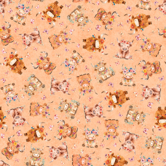 PREORDER ITEM - EXPECTED SEPTEMBER 2025: QT Cuties 2 Baby Highland Cows Peach    31446C Cotton Woven Fabric