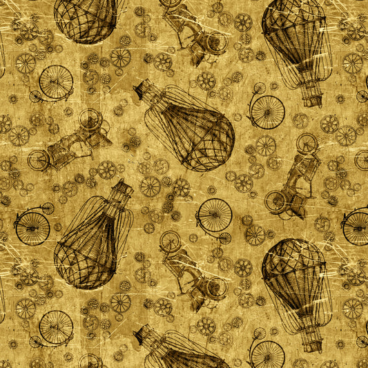 PREORDER ITEM - EXPECTED FEBRUARY 2025: Full Steam Ahead Hot Air Balloons, Cars & Bicycles Brass    3924-44 Cotton Woven Fabric