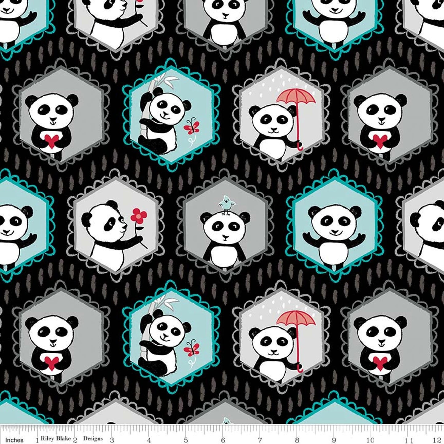 Panda Love by Kelly Panacci Panda Bears on Black C8040-Black Cotton Woven Fabric