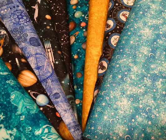 Intergalactic by Dan Morris Aqua Moon Stars 26749Q Cotton Woven Fabric