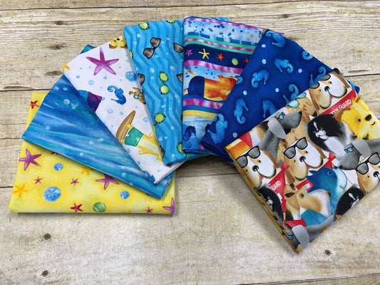 Surfin' Hounds by Tracy Ann Fat Quarter Bundle of 7 prints Cotton Woven