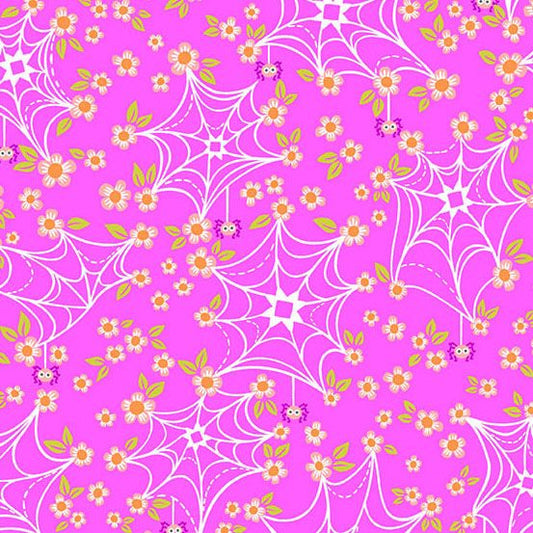 PREORDER ITEM-EXPECTED MARCH 2026: Ghostly Garden by K P Creates Web and Bloom Pink A-10198-E Cotton Woven Fabric