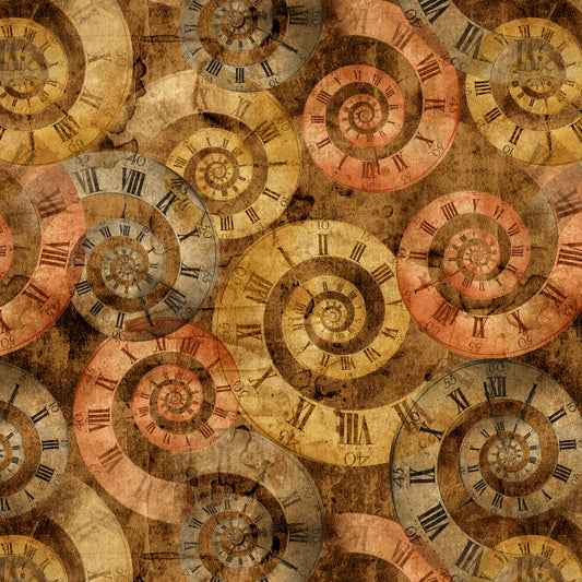 Full Steam Ahead Large Clock Swirls Cocoa 3939-32 Cotton Woven Fabric