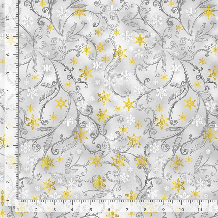 Silver & Gold Leafy Vines & Snowflakes    HOLIDAY-CM2577-DOVE Cotton Woven Fabric