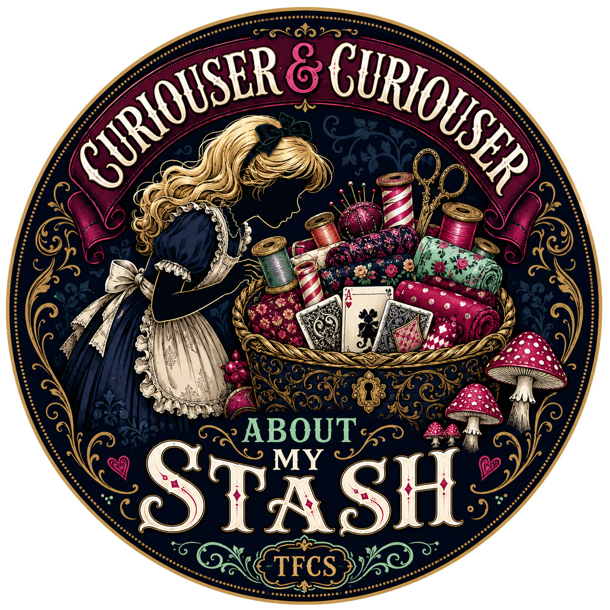 3 Inch Vinyl Gloss Sticker Curiouser and Curiouser About My Stash Designed by The Fabric Candy Shoppe