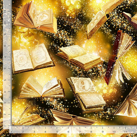 Mad Scientist Magic Spell Books Flying Gold    LIBRARY-CD2531-GOLD Cotton Woven Fabric