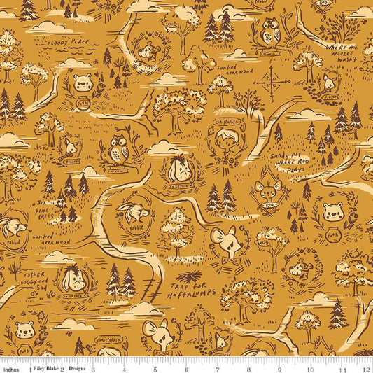100 Aker Woods by Jill Howarth Map Gold C15171-GOLD Cotton Woven Fabric