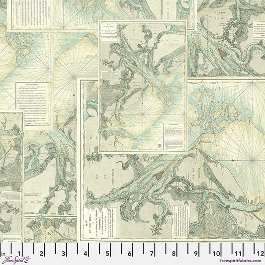 Tim Holtz Eclectic Element Palette Map Teal    PWTH273.TEAL Cotton Woven Fabric