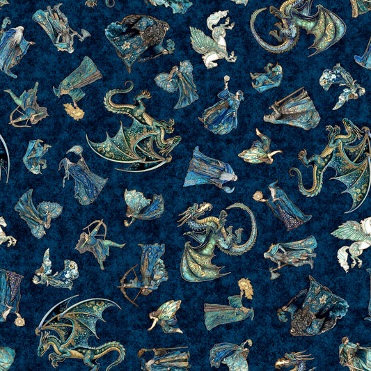 PREORDER ITEM - EXPECTED NOVEMBER 2025: Folklore by Morris Creative Group Medieval Character Toss Navy    31642N Cotton Woven Fabric