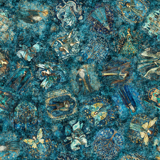 PREORDER ITEM - EXPECTED NOVEMBER 2025: Folklore by Morris Creative Group Medieval Vignettes Lagoon    31643Q Cotton Woven Fabric