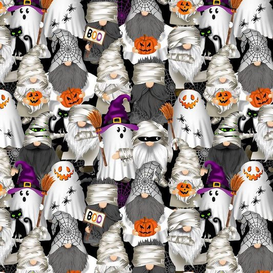Gnomebody's Scared by Gail Cadden Mummy Gnomes Black    GAIL-CD3607-BLACK Cotton Woven Fabric