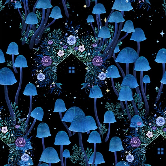 PREORDER ITEM - EXPECTED OCTOBER 2024: Jardin de Lune Glow by Episodic Drawings Mushrooms with Houses Black    3829G-99 Cotton Woven Fabric