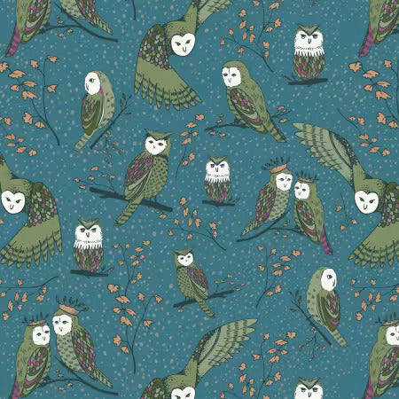 Preorder November 2026: Black Forest Owlette Teal 229262X by Jayme Murray Organic Cotton Woven