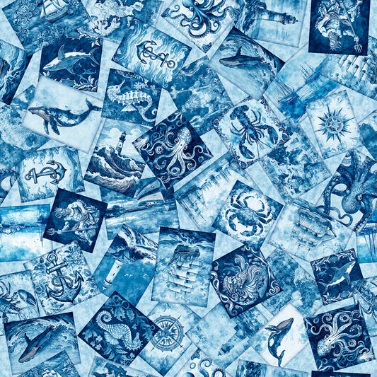 Ocean Blues by Morris Creative Group Nautical Motif Overlapping Patches Blue 30856B Cotton Woven Fabric