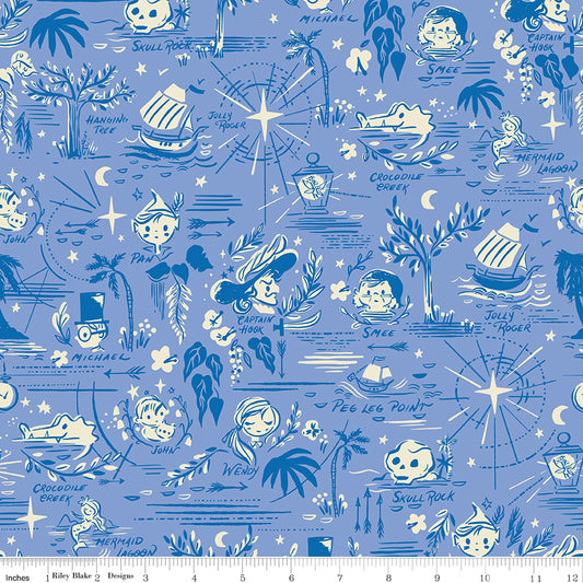 Forever Neverland by Jill Howarth Neverland Map Periwinkle C15902-PERIWINKLE Cotton Woven Fabric