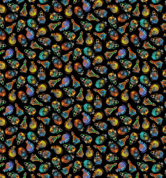 PREORDER ITEM-EXPECTED JULY 2026: Nightmare At Halloween by Adrian Chesterman Witch Potion Bottles DDC12728-BLAC Cotton Woven Fabric