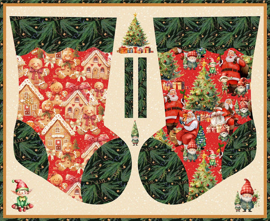 Preorder July 2026: Santa's Village Christmas Stockings 36" Panel 5098-03 by KK Fabrics