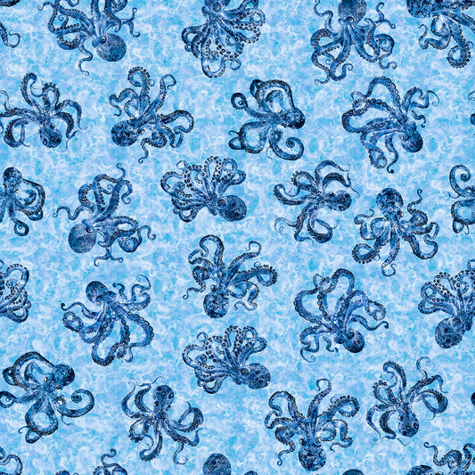 PREORDER ITEM - EXPECTED MARCH 2025: Ocean Blues by Morris Creative Group Octopus Blue    30858B Cotton Woven Fabric