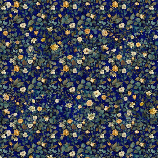 Preorder June 2026: Lumiere Mini Roses & Leaves FLEUR-CD4357 Sapphire by Timeless Treasures