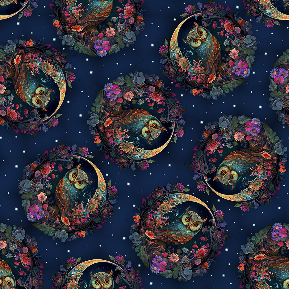 Night Garden Digital by JT Stewart_Duirwagh Studios Owls Blue 3549-79 Cotton Woven Fabric