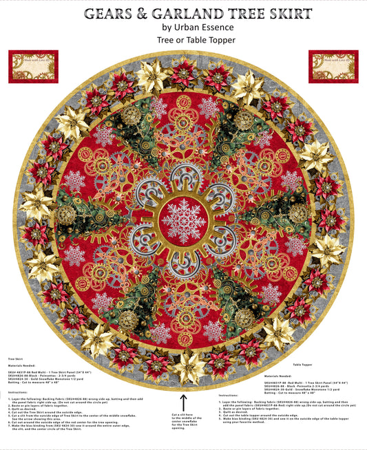 Preorder July 2026: Gears and Garland Steampunk Christmas Tree Skirt 36" Panel Red 4831P-88 by Urban Essence Designs
