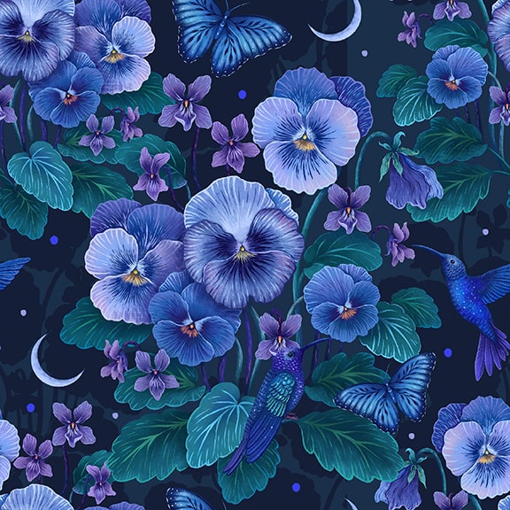 PREORDER ITEM - EXPECTED OCTOBER 2024: Jardin de Lune Glow by Episodic Drawings Pansy with Hummingbird Black    3824G-99 Cotton Woven Fabric