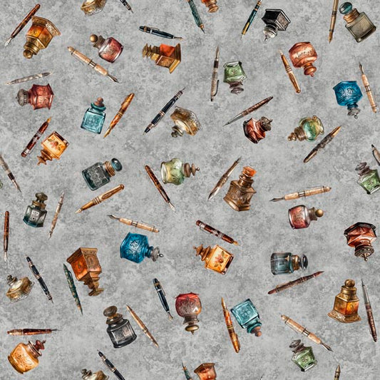 Bookworm by Morris Creative Group Pen and Ink Toss Gray    30456K Cotton Woven Fabric