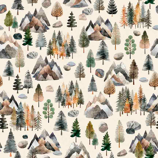 PREORDER ITEM - EXPECTED MARCH 2025: Bigfoot by Morris Creative Group Pine Trees Cream    30994E Cotton Woven Fabric