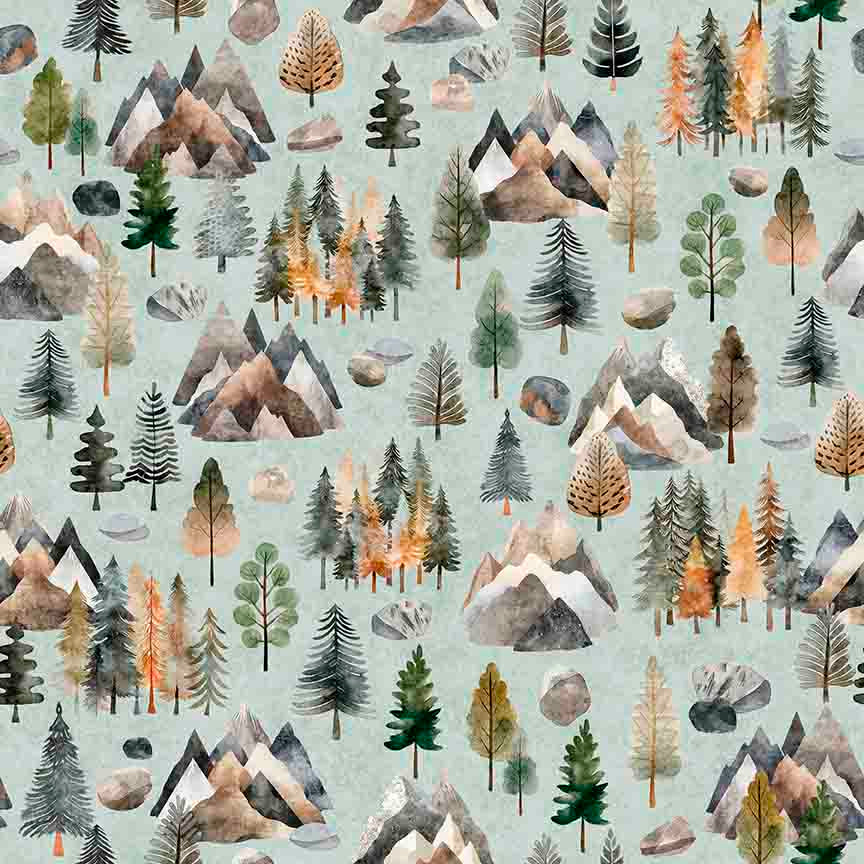 PREORDER ITEM - EXPECTED MARCH 2025: Bigfoot by Morris Creative Group Pine Trees Sage    30994H Cotton Woven Fabric