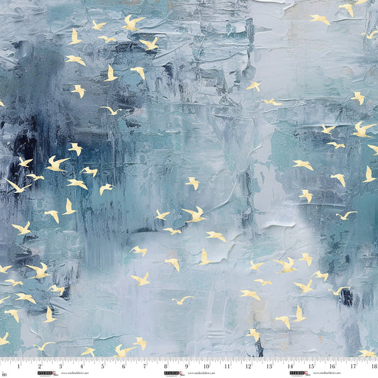 PREORDER ITEM EXPECTED IN JANUARY 2026: Behind Blue Eyes Digital by Funny Girl Plaster with Birds Slate    8648-79 Cotton Woven Fabric