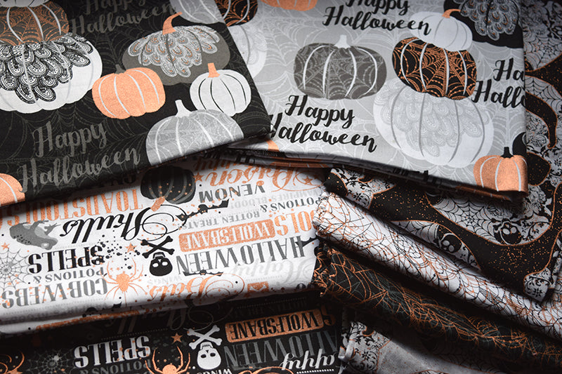 Potions and Spells by Studio 8 Copper Metallic Words on White Cotton Woven Fabric 24495-Z