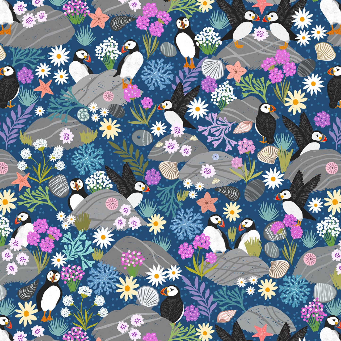 PREORDER ITEM - EXPECTED APRIL: Puffin Rocks Puffin Bay Puffins on Dark Blue    A895C Cotton Woven Fabric