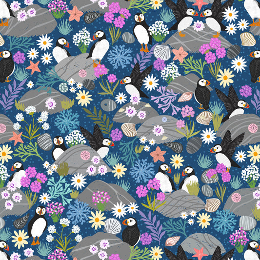 PREORDER ITEM - EXPECTED APRIL: Puffin Rocks Puffin Bay Puffins on Dark Blue    A895C Cotton Woven Fabric