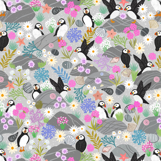 PREORDER ITEM - EXPECTED APRIL: Puffin Rocks Puffin Bay Puffins on Light Rock    A895B Cotton Woven Fabric