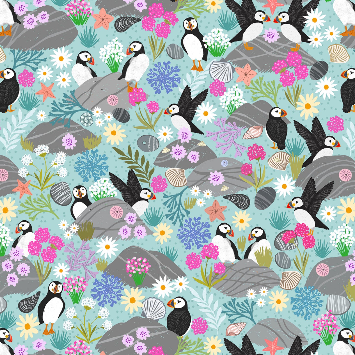 PREORDER ITEM - EXPECTED APRIL: Puffin Rocks Puffin Bay Puffins on Sea Blue    A895A Cotton Woven Fabric