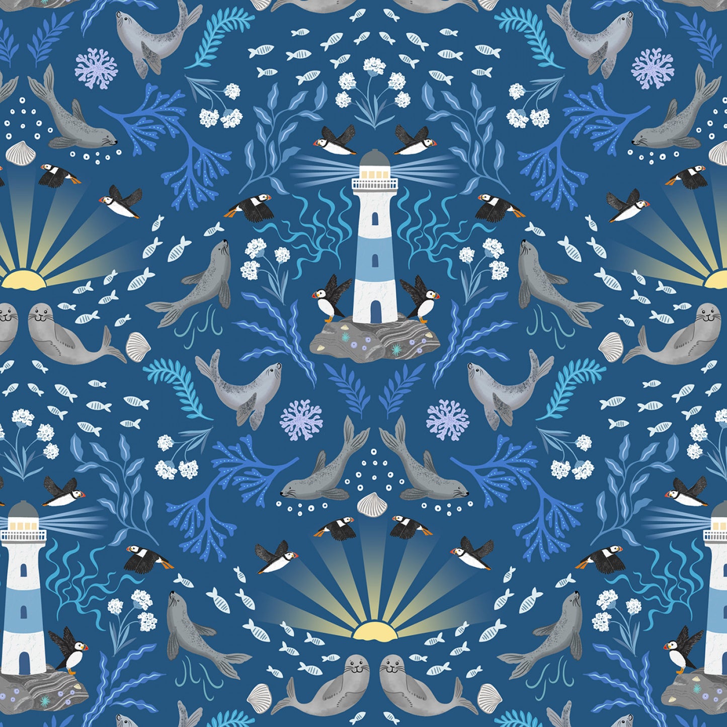 PREORDER ITEM - EXPECTED APRIL: Puffin Rocks Puffin Rock Lighthouse on Dark Blue    A893C Cotton Woven Fabric