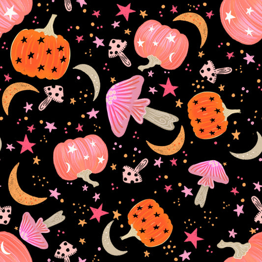 Ghostly Greetings by Rose Halsey Pumpkins & Mushrooms Black BQ4138-99 Cotton Woven Fabric