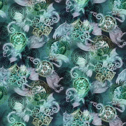 PREORDER ITEM-EXPECTED FEBRUARY 2026: Mystic Dragon by Jody Bergsma Night Sky DDC12586 Jade Cotton Woven Fabric