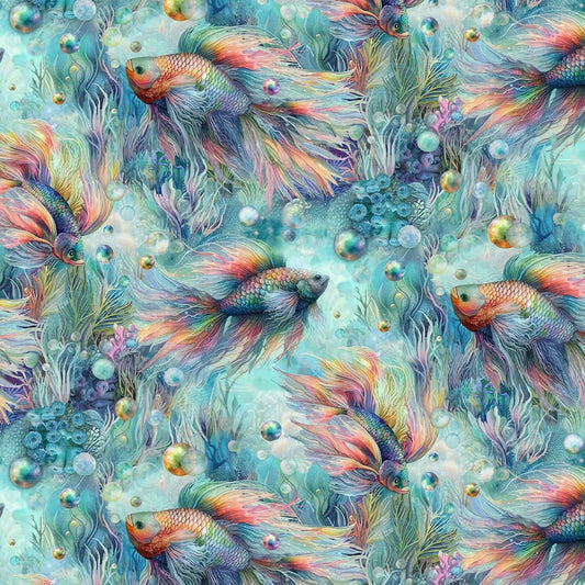 Oceana Rainbow Fish Blue    CD3812-BLUE Cotton Woven Fabric