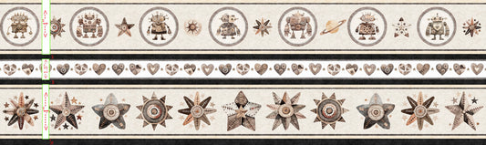 Sewbots Robot Border Stripe Tan 31375E Cotton Woven Fabric