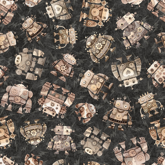Sewbots Robot Toss Charcoal 31376J Cotton Woven Fabric