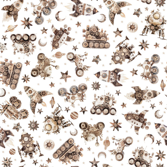 Sewbots Robot Vehicles White 31379Z Cotton Woven Fabric