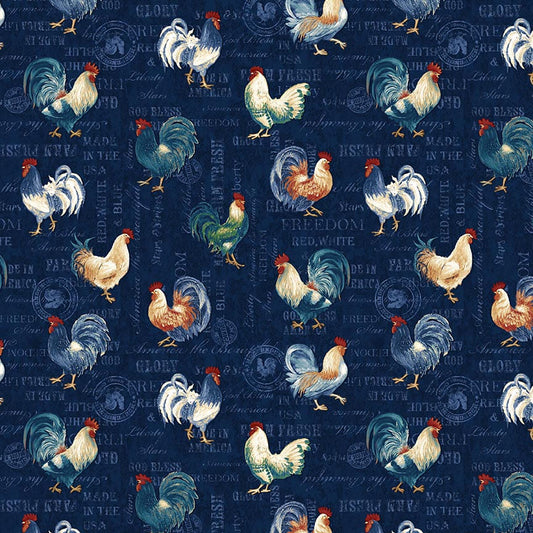 American Pride by Geoff Allen Roosters Navy    7918-77 Cotton Woven Fabric