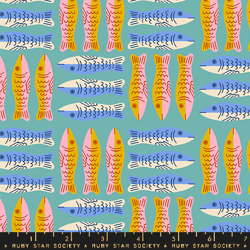 PREORDER ITEM - EXPECTED MARCH 2025: ooh Lucky Lucky by Alexia Marcelle Abegg of Ruby Star Society Sardines Turquoise    RS4116.14 Cotton Woven Fabric